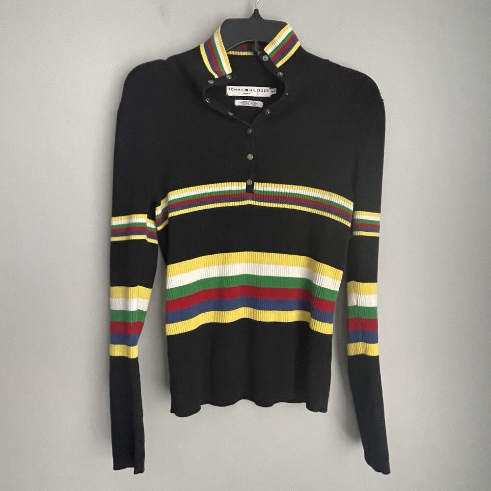 Vintage Y2K Tommy Hilfiger Striped Ribbed Top Women's Size M Mock Neck 2002